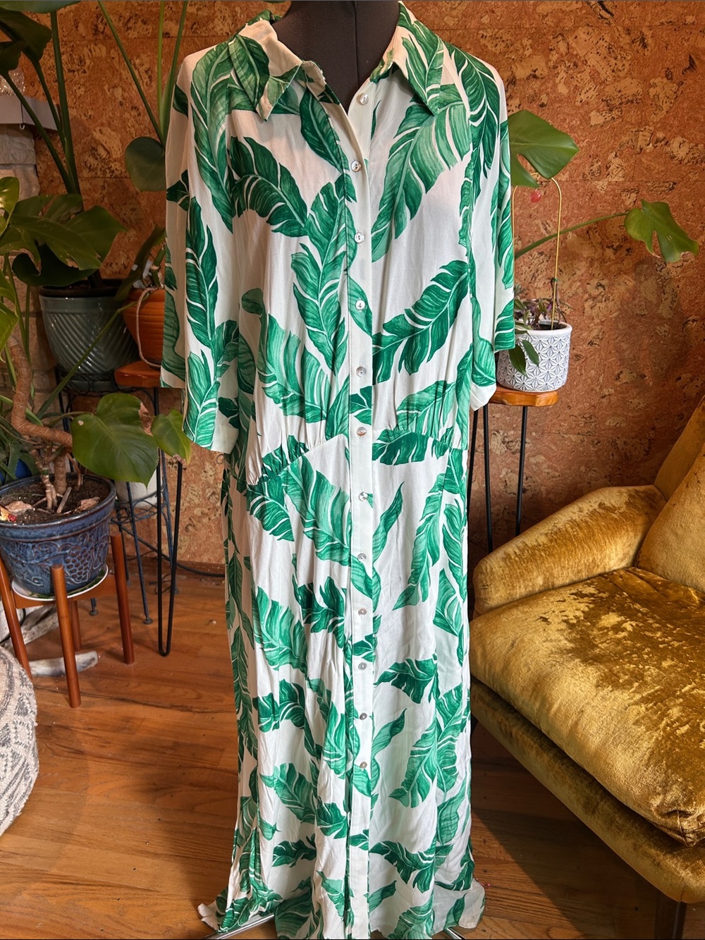 NWTags H&M White Maxi Dress with Green Leaf Print